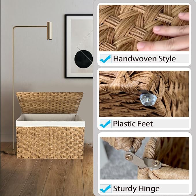 Wicker Storage Basket with Lid, 42.3 Gallon (160L) Large Blanket Basket with Lid, Woven Storage Bin with Handles, Removable Liner, Metal Frame, Foldable, for Bedroom, Laundry Room, Natural - Image 6