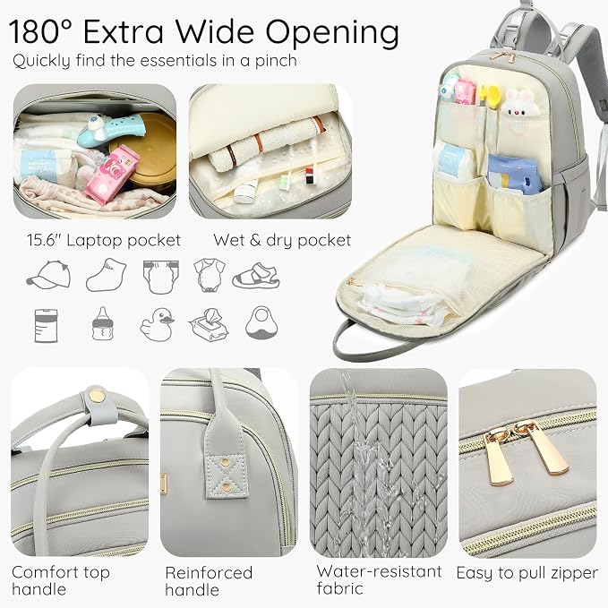 AIJIEKE Diaper Bag Backpack, Large Multi-functional Diaper Backpack, Gray | Waterproof lightweight baby backpack. With changing pad, stroller straps, insulated & wet/dry pockets. Mom & dad essential - Image 4