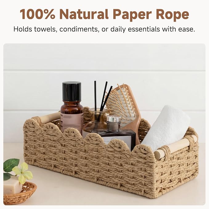 StorageWorks Toilet Paper Storage Basket, Toilet Basket with Wooden Handles | Scalloped Wicker Basket for Living Room, Decorative Scalloped Baskets for Storage, Wicker Baskets for Organizing and Decor - Image 5