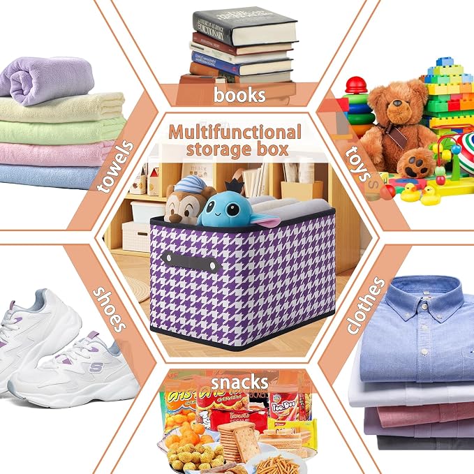 1 Pack Large Collapsible Storage Baskets for Shelves,14.9"x9.5" Fabric Closet storage Boxes with Leather Handles,Decorative Organizers Storage Bins for Clothes,Sheets,Books,(Purple Houndstooth - Image 3