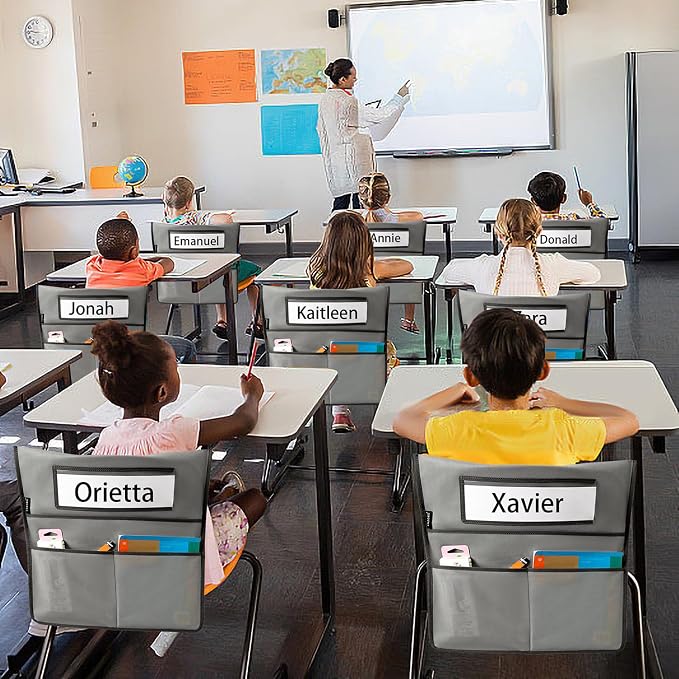 Chairback Buddy Pocket Chart Back of Chair Organizer for Classroom with Name Tag Pocket (GREY-12 PACK) - Image 6
