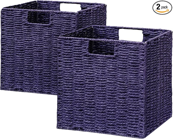 Wicker Storage Basket, Set of 2 Hand-Woven Paper Rope Wicker Basket, Foldable Cube Storage Bins, 9 inch Square Storage Baskets for Organizing Shelves & Decor, Purple (9″×9″×9″) by Vagusicc