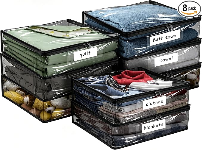 Plastic Storage Bags with Easy-Glide Zipper, Pack of 8, Durable Clear Vinyl Zippered Storage Bags for Clothes Sweaters Comforters Blankets Sheets Bedding (15.7 x 13.8 x 2.5 Inch, Transparent Black) by Kikerike
