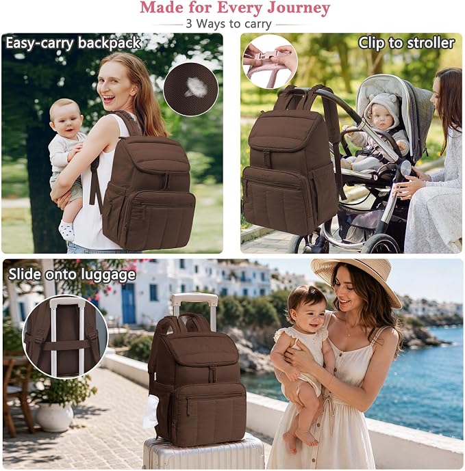 Puffy Diaper Bag Backpack for Mom, Lightweight Quilted Baby Bag with Waterproof Changing Pad, Large Travel Diaper Backpack with Insulated Bottle Pockets, Wipes Pocket, Stroller Straps - Image 6
