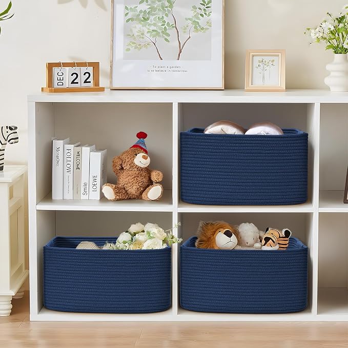 3 Pack Large Storage Basket for Organizing, 17.5"x13"x7" Woven Basket for Shelves, Closet Cube Storage Bins with Wrapped Handle, Cotton Rope Baskets for Kitchen, Clothes, Toys(Navy Blue) - Image 3