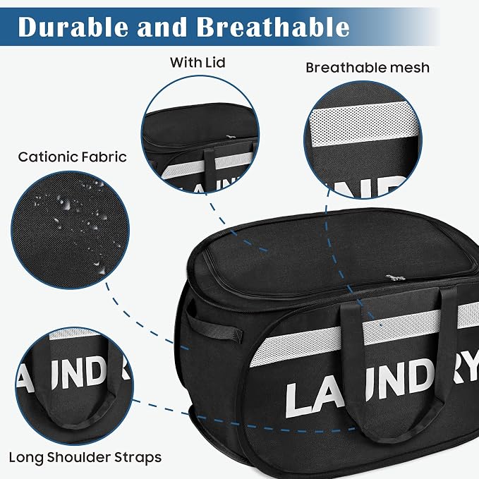 Large Collapsible Laundry Baskets Pop Up Laundry Hamper with Reinforced Handles Foldable Laundry Hamper for Home Laundry (Black Laundry with Lid) - Image 8
