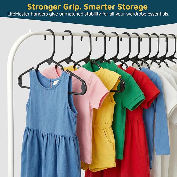Lifemaster Plastic Kids Clothes Hanger – Children Clothes Hanger with Shoulder Notch, 11.6 Inch Space-Saving Closet Organizer for Baby, Toddler, and Kids Clothing, Hold Up to 5 lbs, Pack of 10, Black - Image 3