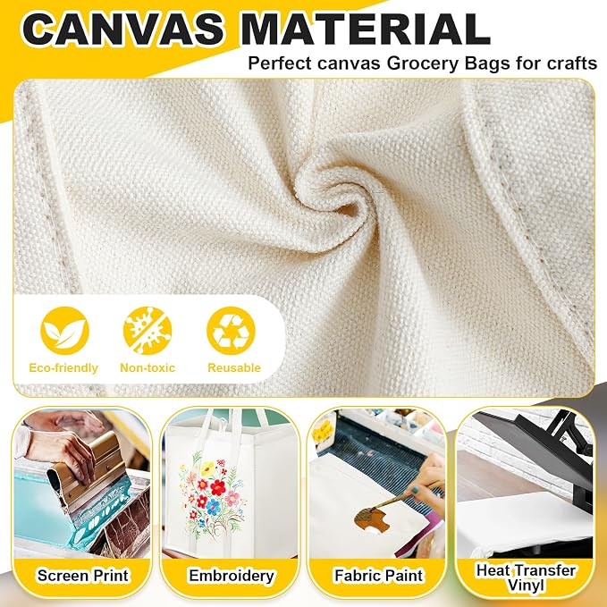 Amylove 12 Pack Canvas Grocery Bag,Heavy Duty Reusable Tote Bag | Reinforced Canvas, Large Capacity, Washable & Foldable, Strong Handles, for Grocery Shopping, Storage, Laundry & Travel - Image 4