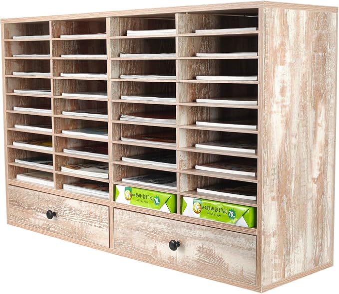 Mail Sorter Organizer, Wood Literature Organizer, Student Mailbox for Classroom, Desktop Bill Paper Organizer for Office Home School, 38 Compartments, Retro White by PAG
