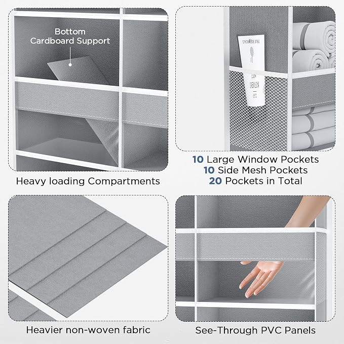 PureSpace 5-Tier Over the Door Organizer, 10 Side Mesh Pockets & Clear Windows, 80LBS Heavy Duty Hanging Storage for Baby Diapers, Shoes, Toys – Ideal for Nursery, Bathroom, Bedroom, Pantry (Grey) - Image 6