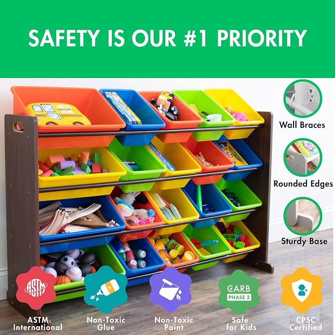 Humble Crew Extra-Large Toy Organizer with 20 Plastic Bins – Dark Walnut/Neon Storage Rack with 4-Tier Shelves, Anti-Tip Safety, for Kids’ Rooms, Playrooms, Nurseries & Classrooms - Image 4
