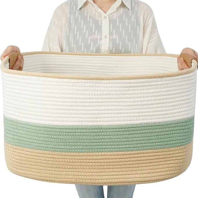 Large Woven Basket, 108L Rectangular Woven Storage Basket with Leather Handles, Stylish Organizer Bin for Home, Office, Laundry, Toys, or Blankets, 25’’*16’’*16’’ White & Green & Jute by danpinera