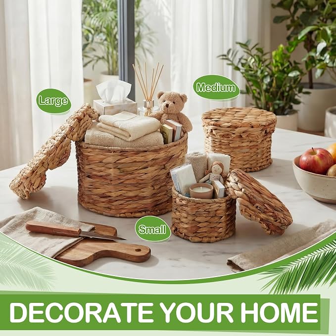 Set of 3 Scalloped Wicker Storage Baskets with Lid Round Rattan Woven Basket 11'' 8.7'' 6.3'' Natural Water Hyacinth Decorative Boxes for Organizing Nursery Home Closet Shelf Decors, 3 Sizes - Image 6