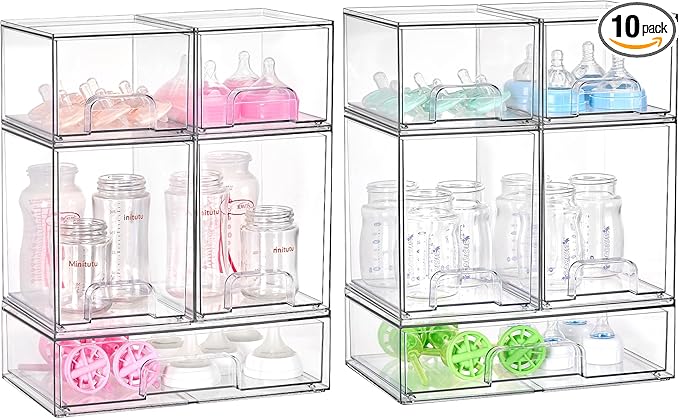 Vtopmart Clear Stackable Storage Drawers Set of 10, Baby Bottle Organizer | Multi-purpose Boxes for Bathroom Accessories, Beauty Supplies, Ideal for Kichen Countertop, Bathroom, Pantry Organization by Vtopmart