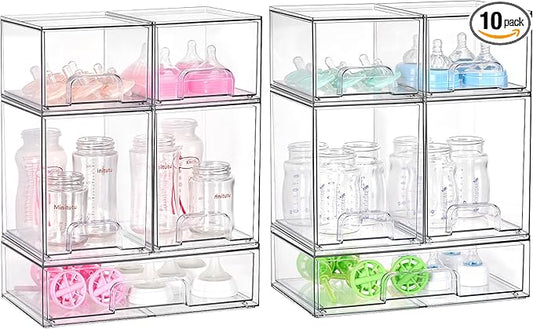 Vtopmart Clear Stackable Storage Drawers Set of 10, Baby Bottle Organizer | Multi-purpose Boxes for Bathroom Accessories, Beauty Supplies, Ideal for Kichen Countertop, Bathroom, Pantry Organization by Vtopmart