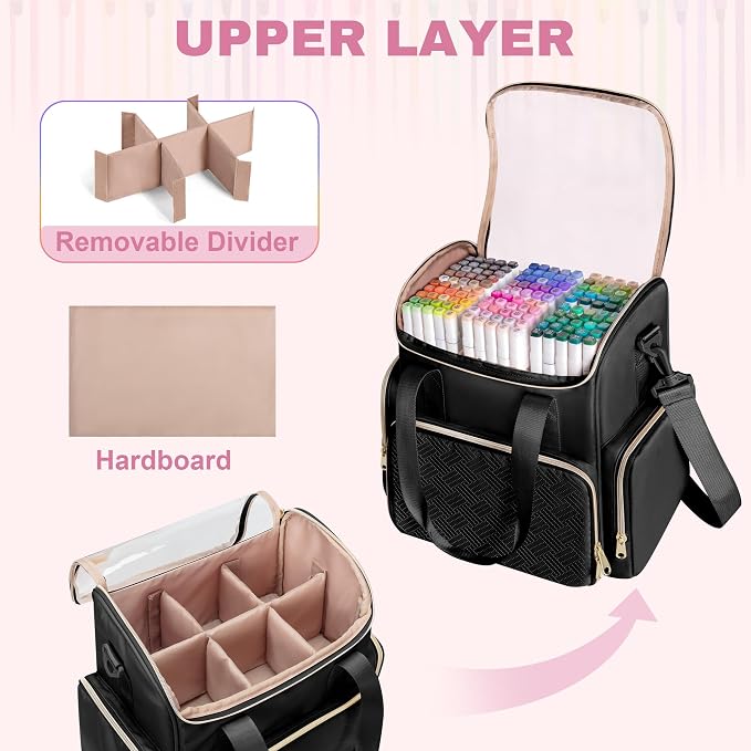 Rexmica Double Layer Marker Organizer Bag for 400 Markers, Black | Inner Dividers, Shoulder Strap, Large Marker Storage Case for Art Marker/Coloring Book/Painting Supplies, Patented Design - Image 3