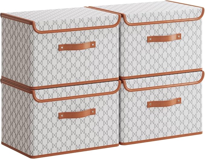 Tuza 4 Pack Fabric Storage Bins with Lids, Collapsible Closet Organizer Container, Decorative Storage Boxes with Lids for Organizing Clothes, Blanket, Grey & White, Large by LOVEWHEREYOULIVE