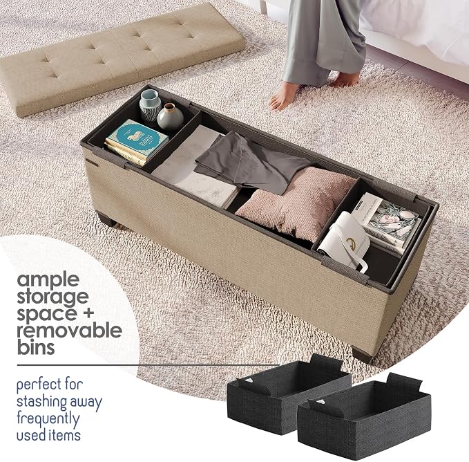 Storage Ottoman Bench with Bins, 43-in Storage Bench for Bedroom End of Bed, Folding Foot Rest Ottoman for Living Room Max 660lbs, Fabric Ottomans, Taupe - Image 3