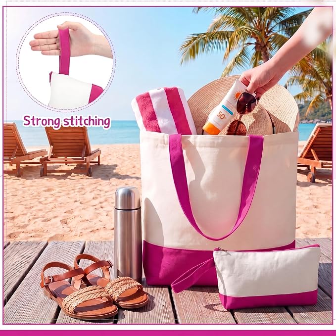 Sanwuta 30 Pcs Canvas Tote Bags Bulk with Zipper Cosmetic Pouch,Rose Red | 18.5" Reusable Cotton Shopping Bag with Handle for DIY Craft - Image 7