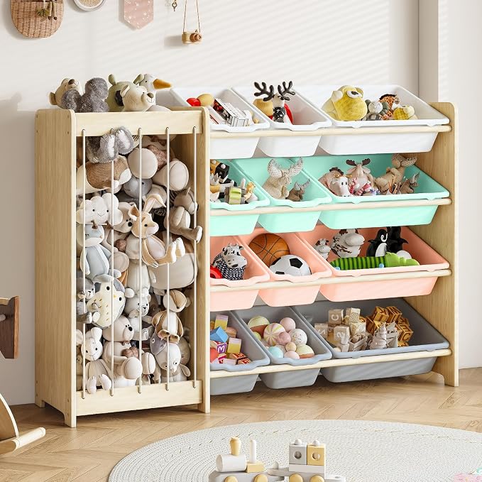 EXPERLAM Kids Toy Storage Organizer, 2-in-1 Stuffed Animal Storage & Toy Organizer w/12 Bins, Solid Wood Toy Rack Featuring Thicker Elastic Ropes to Hold Toys, Playroom Nursery Bedroom Storage, Multi by EXPERLAM