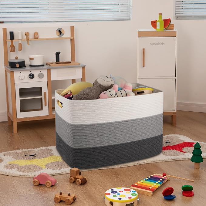 OIAHOMY 108L Extra Large Blanket Basket Dog Toy Basket radient Dark Grey | Rectangle Woven Baskets for Storage Cotton Rope Basket For Living Room Toy Storage Blanket Storage Laundry Basket - Image 2