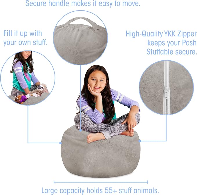 Posh Creations Stuffable Kids Stuffed Animal Storage Bean Bag Chair Cover - Childrens Toy Organizer, Medium 27" - Soft Faux Rabbit Fur Gray - Image 2