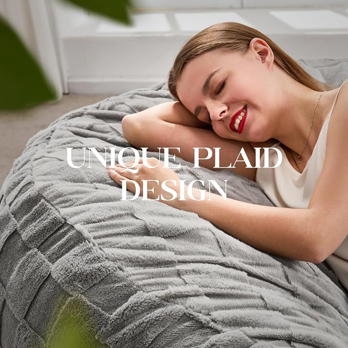 Hobestluk Adults Bean Bag Chair 4FT Big BeanBag Chair Extra Large Oversized | Memory Foam,Washable Cover,Unique Fluffy Plaid,Comfy Adult Bean Bag with Filler Gaming Reading Bedroom Living Room | Grey 4FT - Image 4