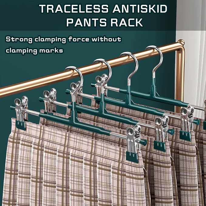 Pants Hangers with Clips Skirt Hangers, 12 Inch 20 Pack, Green | Non-Slip,Adjustable metal clips,Space-Saving,Heavy duty, for pants/skirt/dress/trousers/jeans/shorts/Clothes,Women,men - Image 3