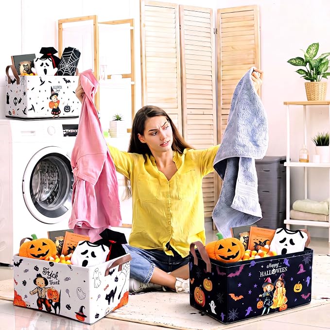 CHENGU Halloween Storage Bin Collapsible Halloween Basket for Gifts Buffalo Plaid Holiday Decor Large Pumpkin Basket Foldable Trick or Treat Box with Handle for Bedroom Office Home - Image 5