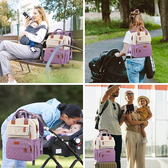 Diaper Bag Backpack, Large Unisex Baby Bags for Boys Girls, Purple Baby Nappy Diaper Bag, Multipurpose Travel Back Pack for Moms Dads with Insulated Pockets and Stroller Straps - Image 5