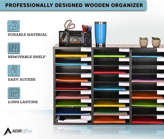 AdirOffice Classroom Mailbox - Wooden Literature Organizer , Construction Paper Storage Organizer , Mail Sorter with Slots , Office Mailboxes With Removable Shelf (27 Slot , Black) - Image 4