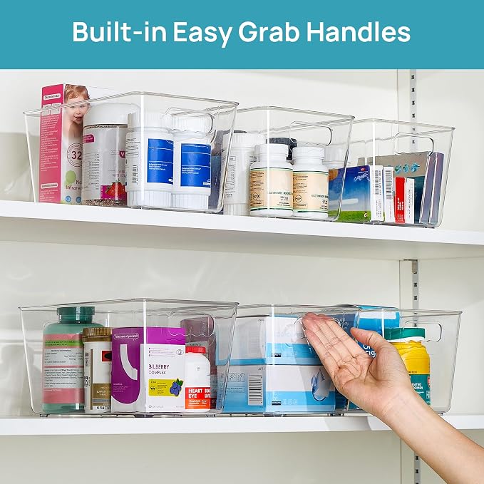 Vtopmart 6 Pack Clear Storage Bins, Pantry Cabinet Organizer Bins, Medium | Plastic Pantry Storage Bins with Handle, Storage Containers for Fridge, Cabinet, Kitchen, Countertops, Cupboard, Freezer - Image 6