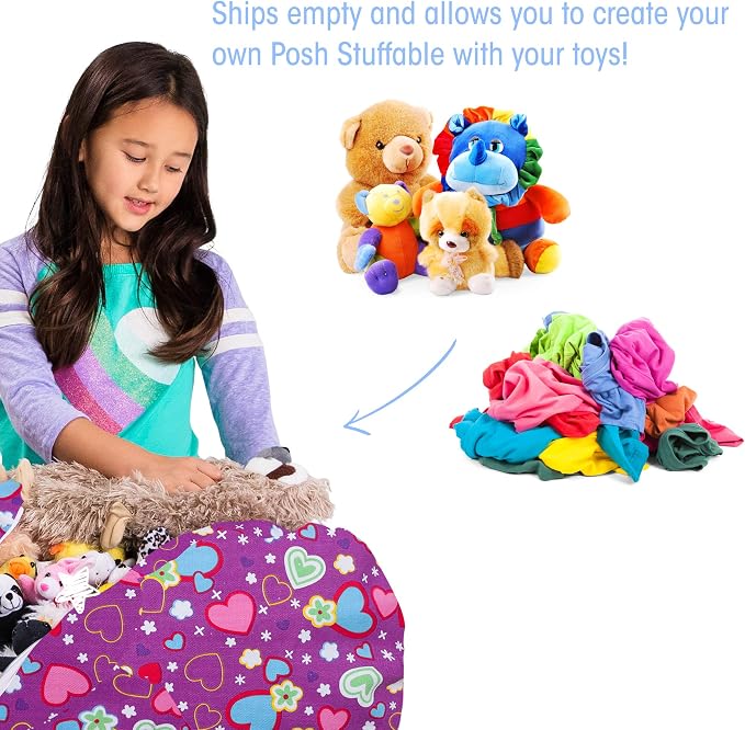 Posh Creations Stuffable Kids Stuffed Animal Storage Bean Bag Chair Cover - Childrens Toy Organizer, Medium-27 - Canvas Multi-Colored Hearts on Purple - Image 2