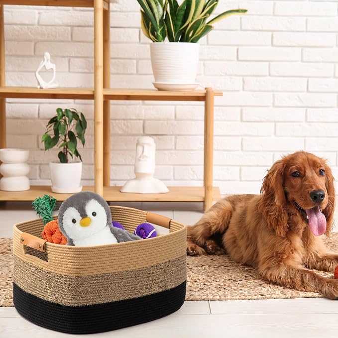 Large Blanket Basket for Living Room,72 L Rectangle Toy Storage Basket for Nursery Room, Woven Rope Storage Box with Leather Handle, 22’’*17’’*11.8’’, Gradient Linen - Image 9