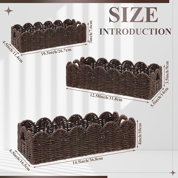 Boao 3 Pcs Boho Storage Wicker Baskets Handmade Woven Decorative Paper Rope Baskets for Organizing with Handle Countertop Toilet Paper Storage Container for Toilet Tank Top(Brown,Fan-shaped) - Image 2
