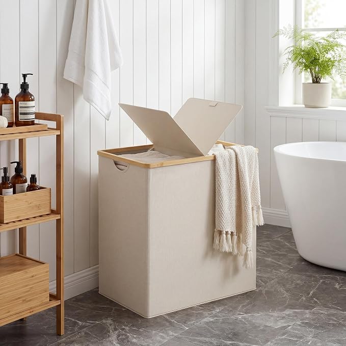 efluky Laundry Hamper with Lid, Double Laundry Basket with 2 Removable Bags, 2 Section Laundry Bin with Bamboo Handles for Bathroom, Bedroom & Laundry Room, 140L (36.9 Gallon) Beige - Image 6