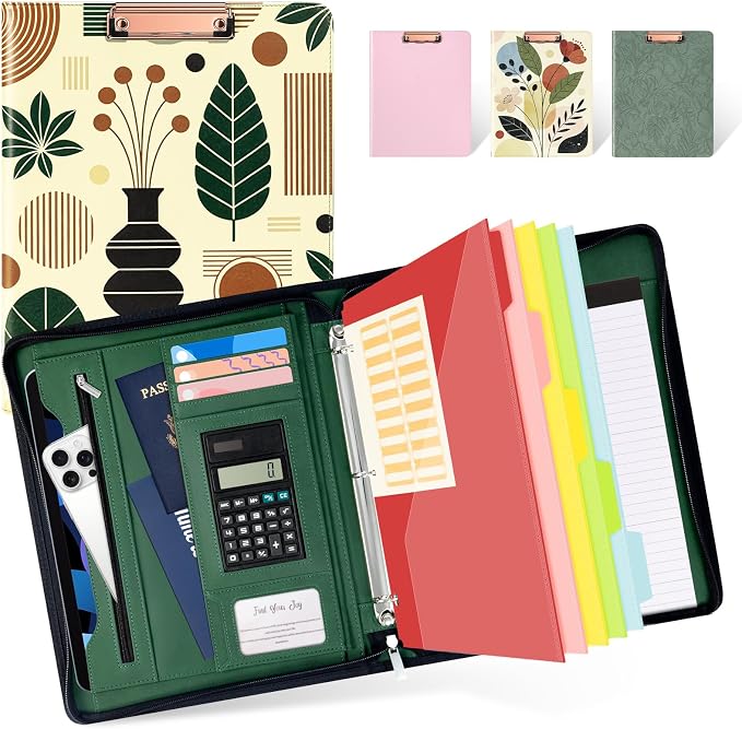 Ospelelf Vintage Leather 3 Ring Portfolio Binder, Zippered Clipboard Folder with Storage - 5 Dividers with Pocket, Padfolio for Women,12.1” Tablet Sleeve, Refillable Notepad, Card Slot by OspelelfOfficeSupplies