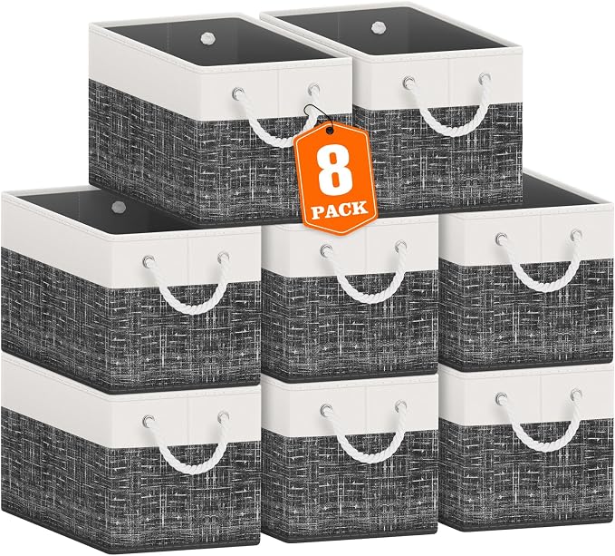 Storage Bins 8-Pack, Foldable Storage Baskets for Organizing Toys, Books, Shelves, Closet, Large Storage Box with Rope Handles, Sturdy Organizer Bins, White & Black by Fabtotes