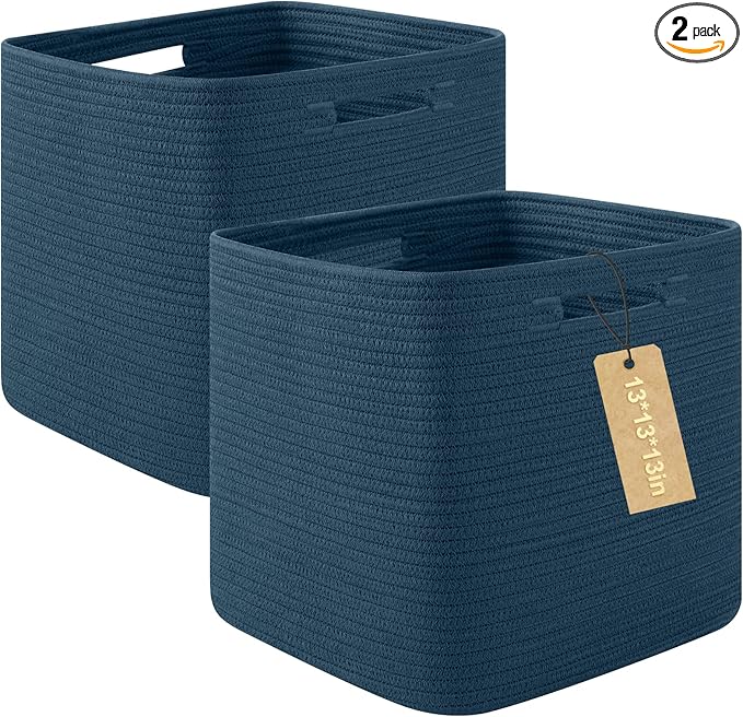 OIAHOMY 2 PACK Cube Storage Bin 13 Inch Collapsible Storage Cube Blue | Cube Storage Organizer Storage Bins for Shelves Baskets for Organizing Woven Rope Storage Baskets by MasterofSpaceOptimization