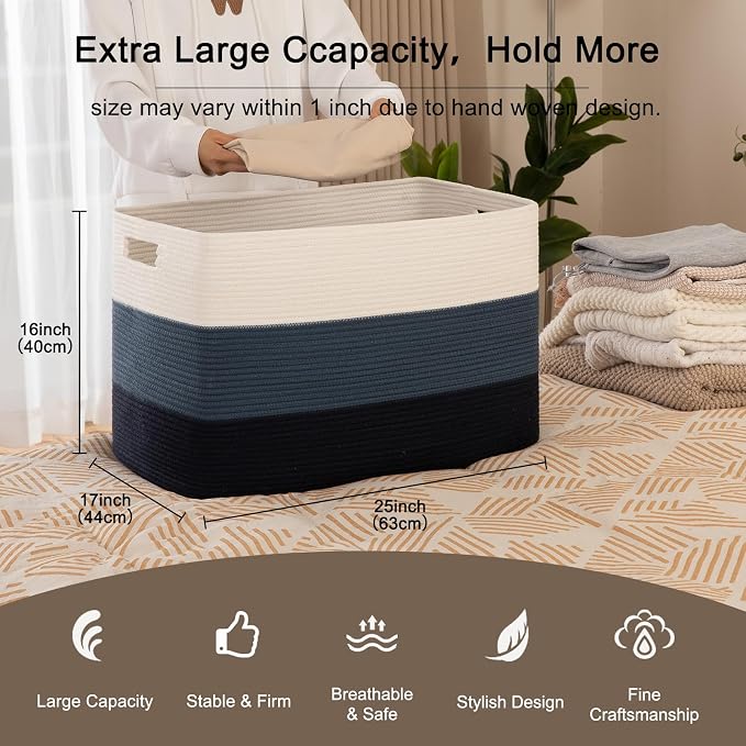 OIAHOMY 118L Extra Large Blanket Basket, Rectangle Woven Cotton Rope Storage Basket,Used for storing Dirty Clothes, Stuffed Animal Toy Storage for Living Room,Kids Room,25" x 17" x 16", Gradient Blue - Image 2