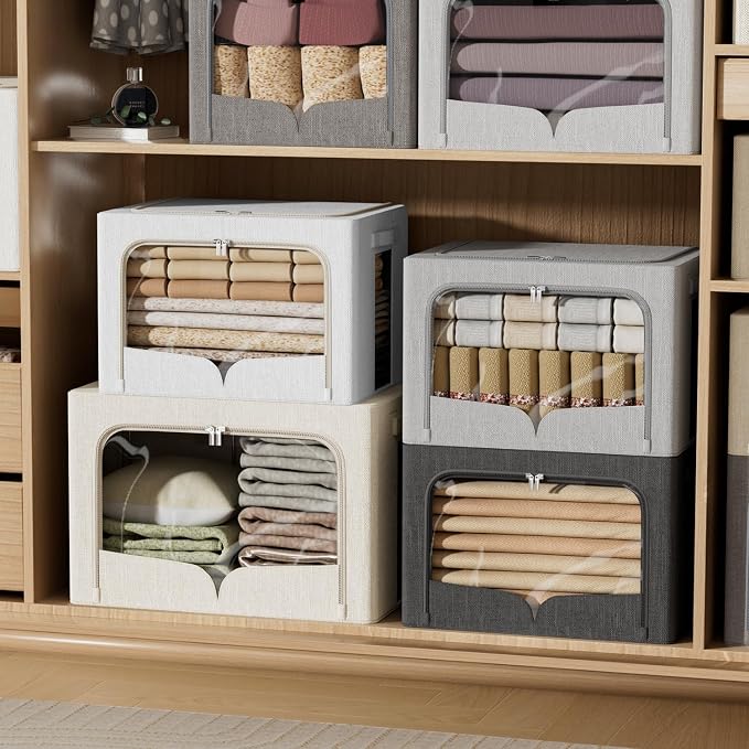 FHSQX 3 Pack Clothes Storage Bins Foldable Metal Frame Storage Box Extra Large Stackable Linen Fabric Organizer Set with Carrying Handles and Clear Window (Beige, 23.6x16.5x15.7inch(100L)) - Image 2