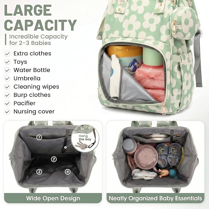 Baby Diaper Bag Backpacks for Mom Dad, Corduroy Large Capacity Multifunction Nappy Bag with Pacifier Case, Baby Travel Essentials Diaper Backpack for Boys Girls - Large Flowers Green - Image 5