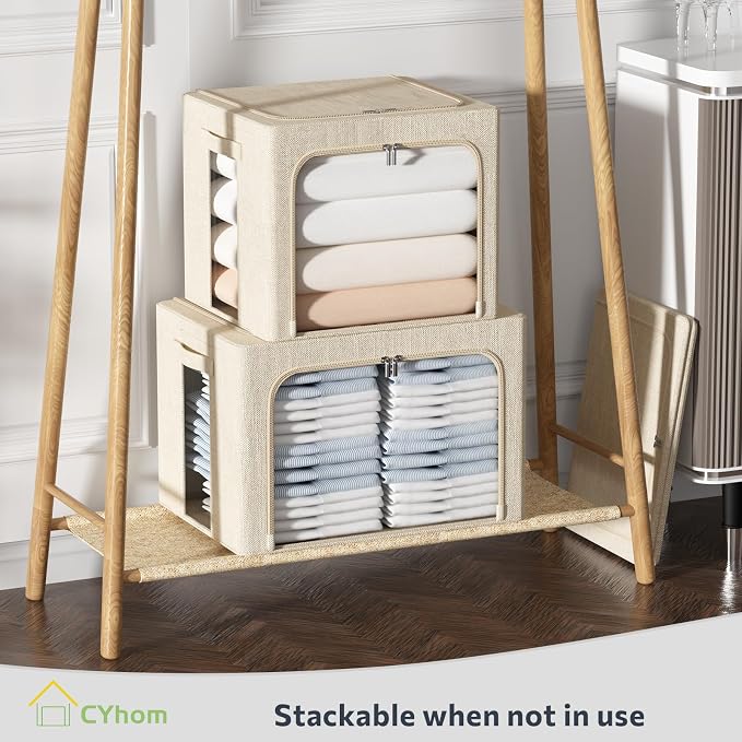 CYhom 4 Pack Clothes Storage Bins with Metal Frame - Linen Fabric Foldable Stackable Container Organizer Set with Clear Window & Carry Handles & Zippers (Beige, 23.6"x16.5"x15.7") - Image 8
