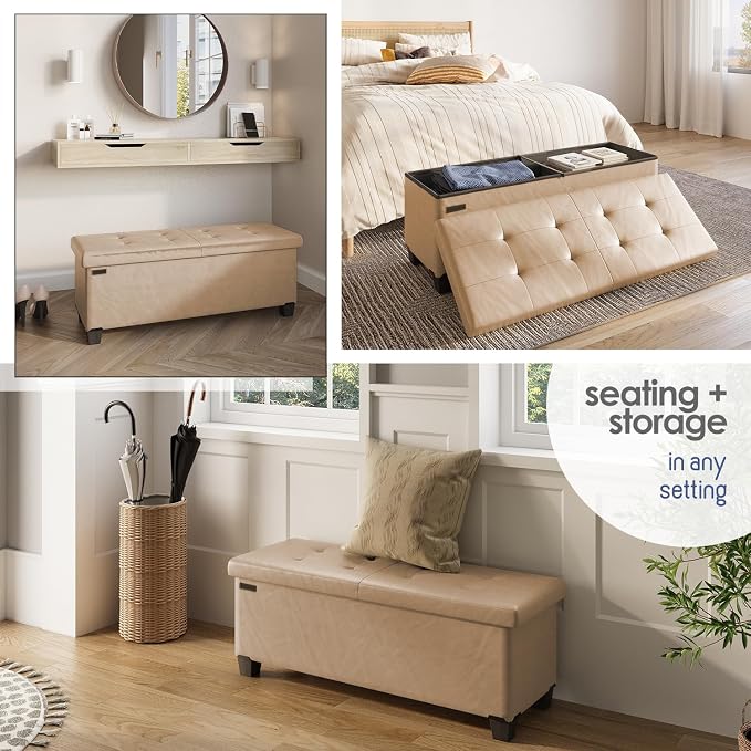 Storage Ottoman Bench with Bins, 43-in Storage Bench for Bedroom End of Bed, Folding Foot Rest Ottoman for Living Room Max 660lbs, Leather Ottomans, Taupe - Image 4