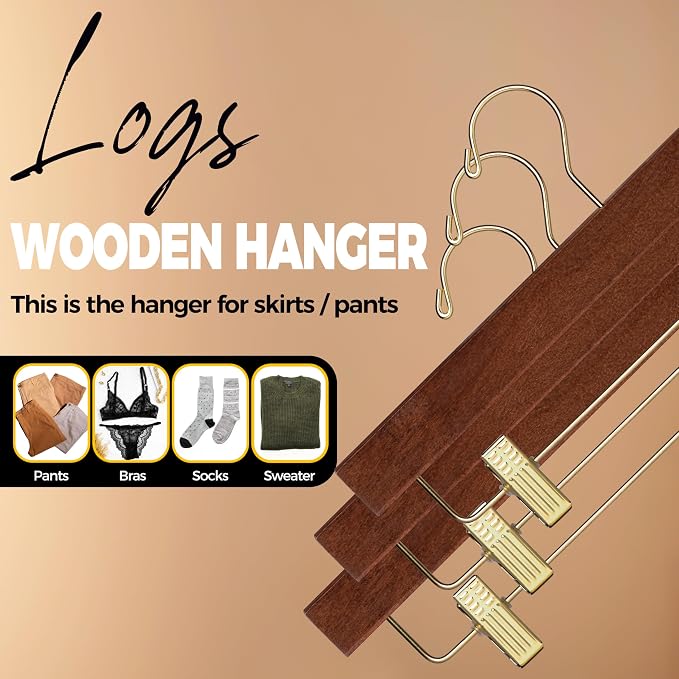 Quality Hangers Wooden Pants Hangers - 20-Pack Swivel Hook Cloth Hanger Set - Lotus Wood Skirt, Pant, Shorts and Slack Hangers with Adjustable Clip (Walnut - Gold Hook, 20) - Image 7