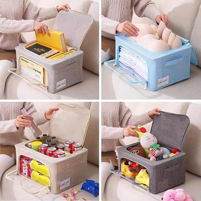 CYhom 3Pack Foldable Storage Bins - Frame Storage Box Linen Fabric Stackable Clothes Container Organizer with Clear Window & Carry Handles Large Capacity (Small-22L, Light Grey) - Image 4