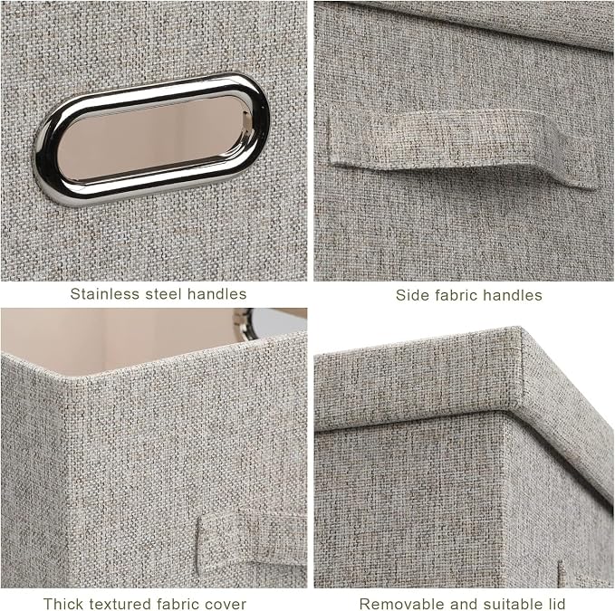 Storage Bins with Lids Fabric Closet Organizers Cubes Office Organization | 21 Quart 5 Pack Beige Collapsible Stackable Linen Fabric 4 Handles Bedroom Closet Cabinet Under Bed Clothes Toy Office File - Image 5