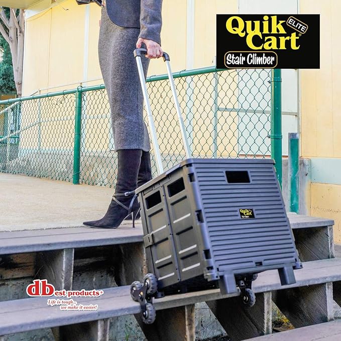 dbest Products Quik Cart Elite Stair Climber Rolling Crate - Black | Collapsible, with Wheels, 120 lbs Capacity, Heavy Duty, Telescoping Handle, Folding Utility Cart with Seat - Image 8