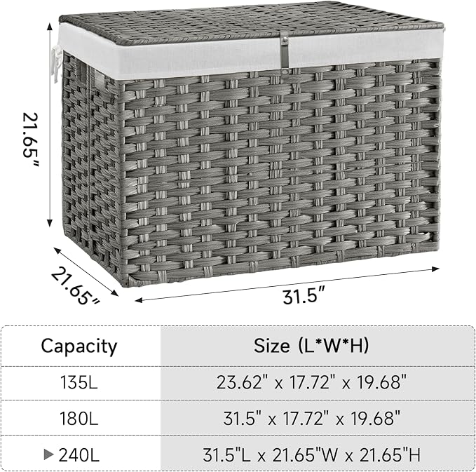 240L Wicker Storage Basket with Lid, Handwoven Rattan Large Shelf Basket with Removable Liner, 63.5 Gallon Wicker Basket for Blanket, Storage Trunk with Handle for Closet, Bedroom, Livingroom, Grey - Image 4