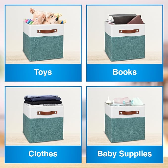 11 Inch Cube Storage Bin - 4 Pack - Linen Fabric 11x11 Cube Storage Bins for Bedroom, Living Room, Clothes and Toys; Foldable, Dual Leather Handles - Image 5